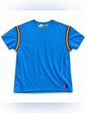 Aviator Nation Blue Tee with Rainbow Stripe Accents